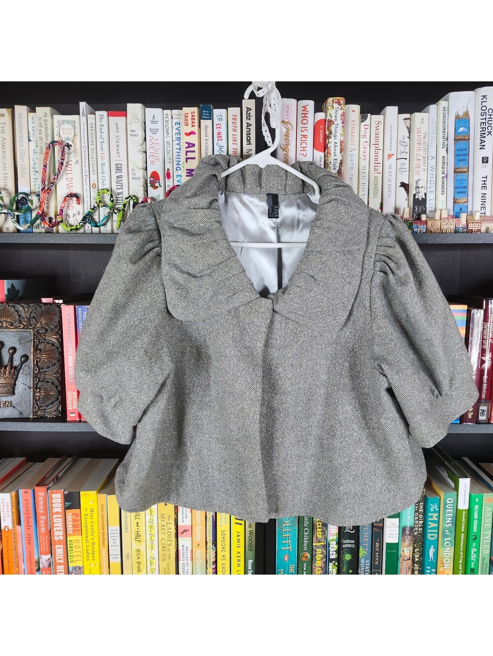 A.N.A. Gray Gold Metallic Cropped Blazer Jacket Puff Sleeve Lined L/XL